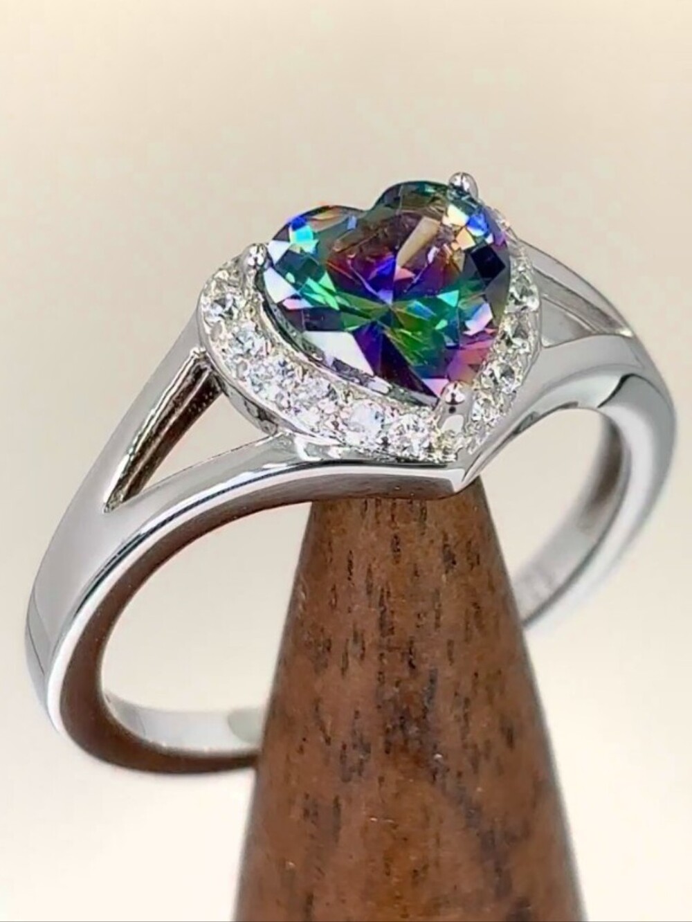 Sterling Silver 925 Heart Shape Rainbow Topaz W/ Cubic Zirconia Ring Size 9